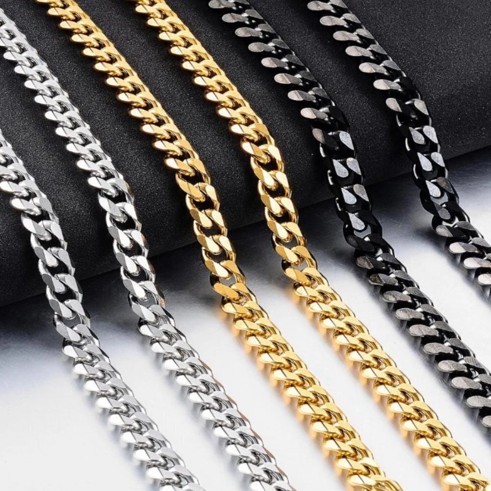 Cuban chain jewelry men women silver yellow gold black tone stainless steel